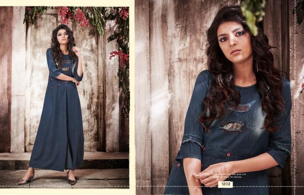 kajree kayara long denim with work gown style kurtis edition